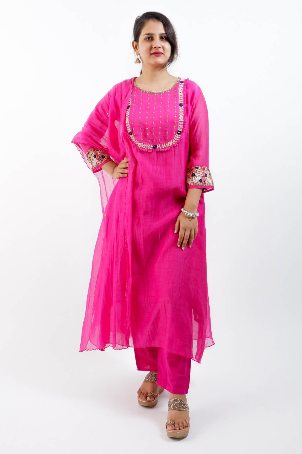DH154P-Bright Pink Embroidered Mul Chanderi Kurta Set