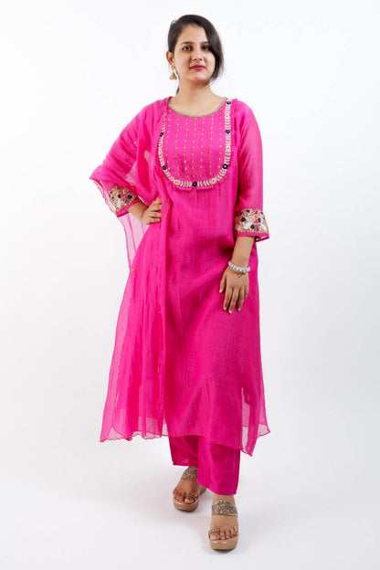 DH154P-Bright Pink Embroidered Mul Chanderi Kurta Set