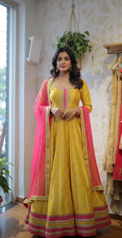 DH218-Radiant Yellow Anarkali With Pink Dupatta & Golden Highlights