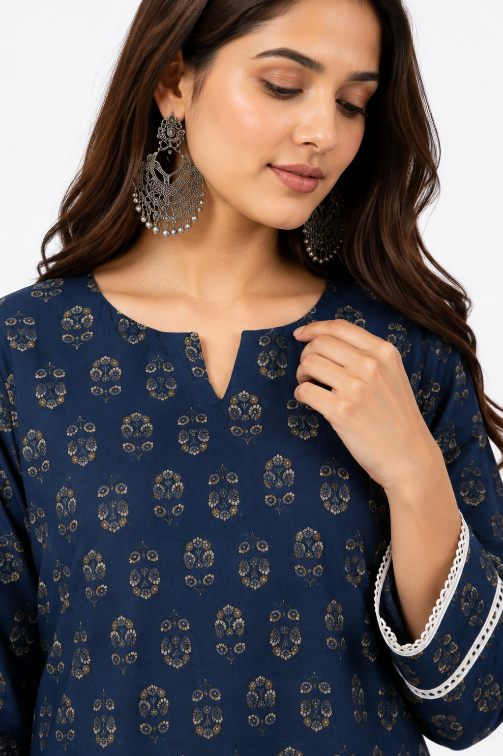 DH318-Women's Navy Blue Cotton Printed Farshi Salwar Suit Set