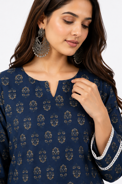 DH318-Women's Navy Blue Cotton Printed Farshi Salwar Suit Set
