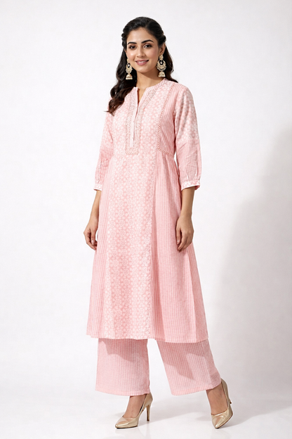 DH309-Elegant Blush Pink A-Line Kurta Set with Palazzo
