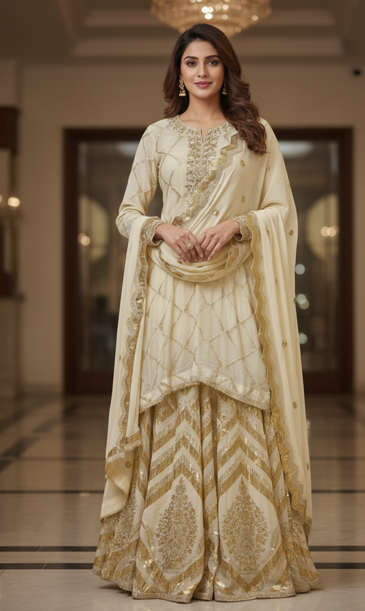 DHO1OO-GL- Elegant Skirt and Kurta Set with Gold Embroidery
