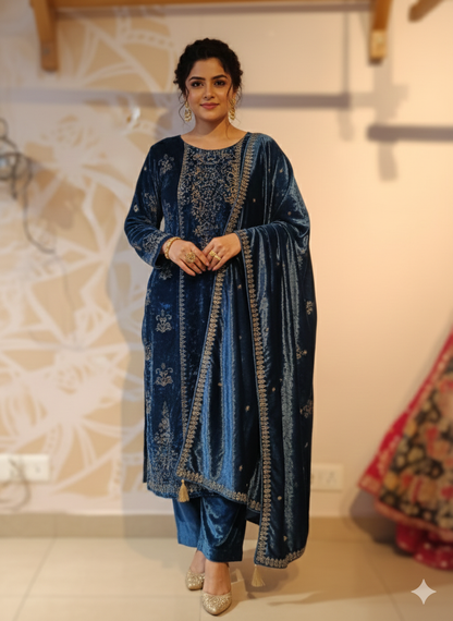 DH287-Teal Blue Velvet Three-Piece Suit with Intricate Gold Embroidery