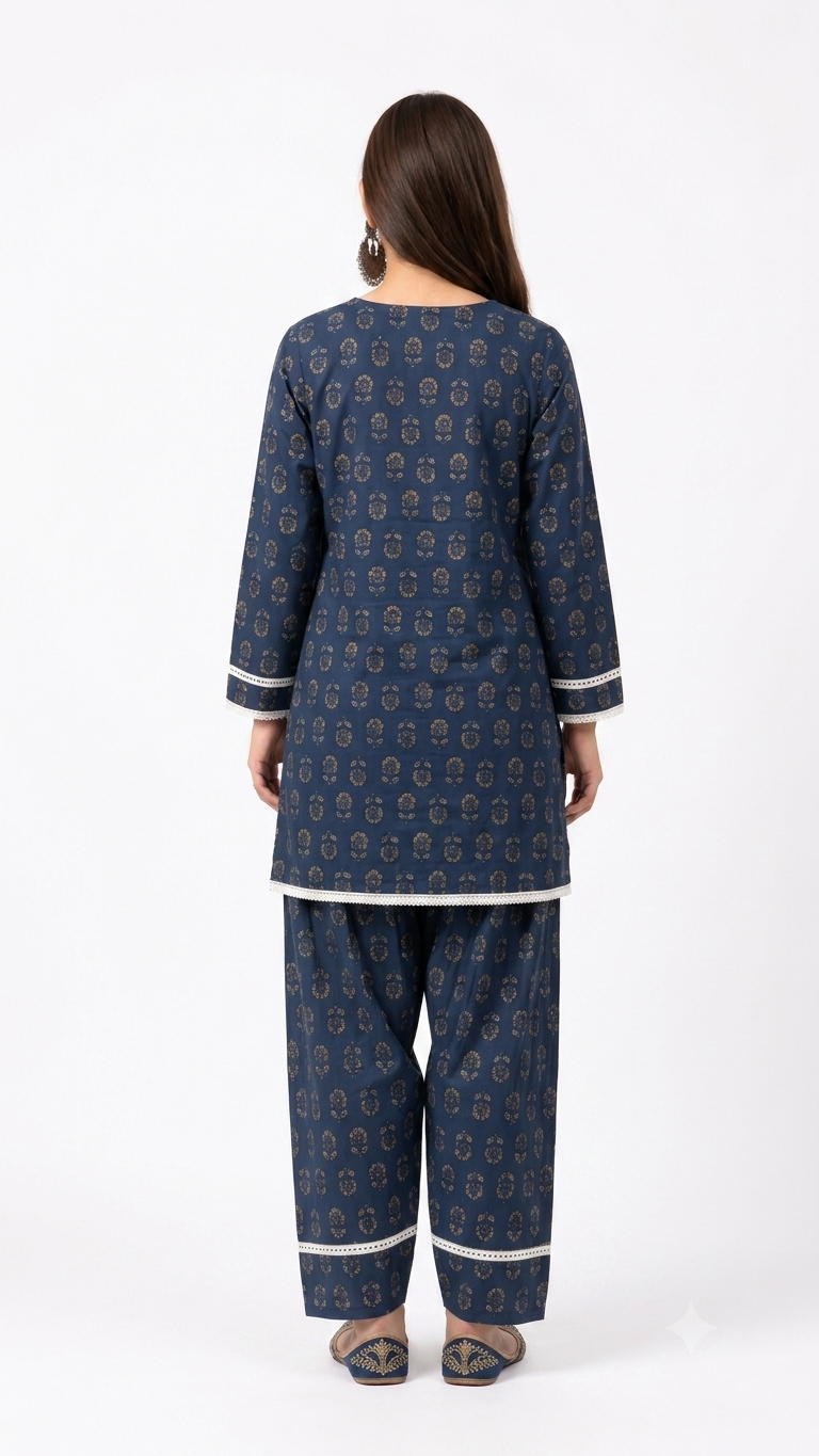 DH318-Women's Navy Blue Cotton Printed Farshi Salwar Suit Set