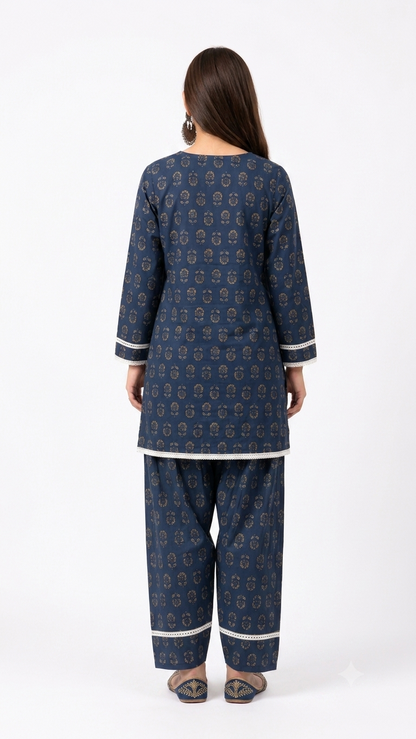 DH318-Women's Navy Blue Cotton Printed Farshi Salwar Suit Set