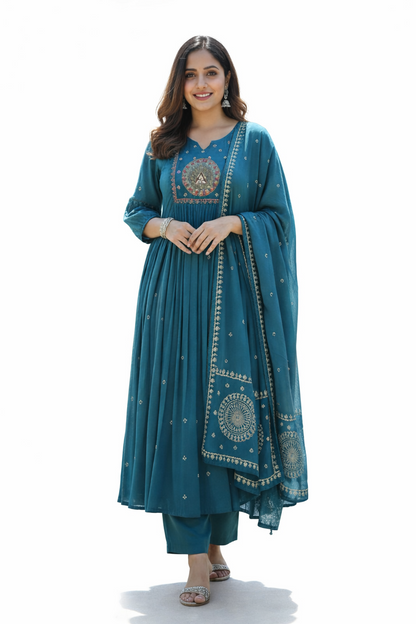 DH199- Vibrant Teal Embroidered Mul Cotton Anarkali Set