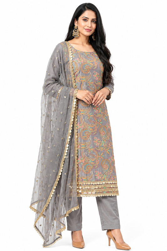 DH337-Women’s 3 Piece Grey Suit with Embroidery