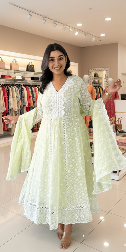 DH116G- Light Green Soft Cotton Anarkali For Women