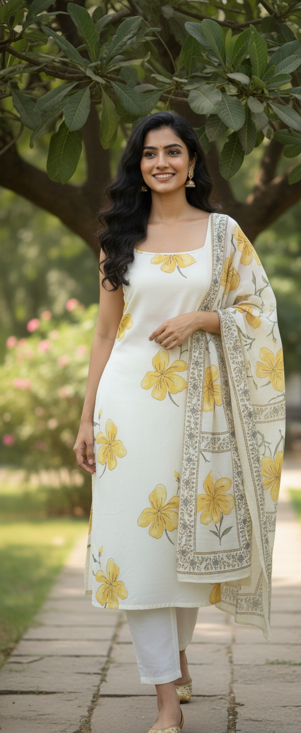 DH122W-White Dress with Yellow Floral Print & Dupatta