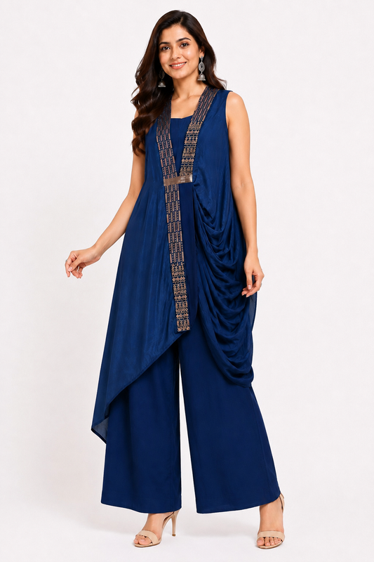 DH328-Navy Blue Indo-Western Co-Ord Set with Drape & Palazzo