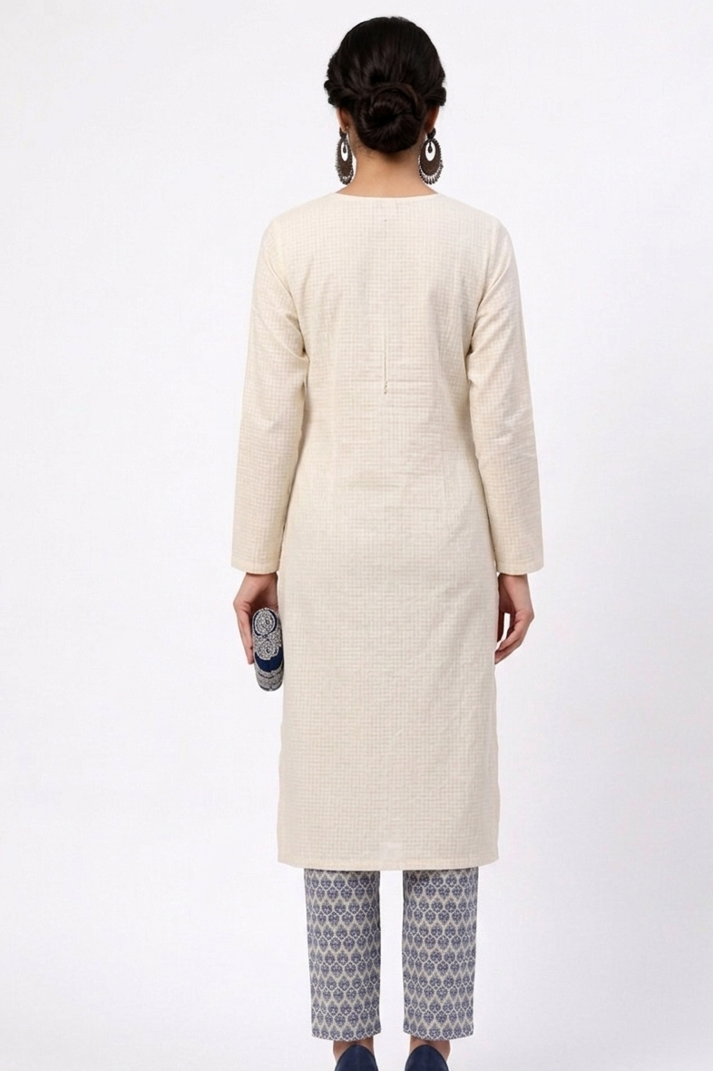 DH317-Elegant Off-White & Navy Blue Embroidered Kurta Set with Dupatta