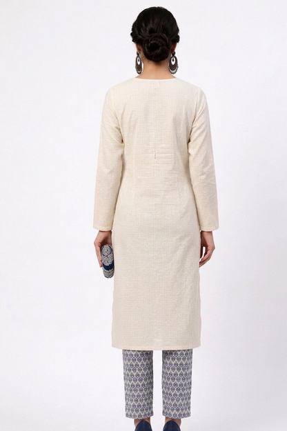 DH317-Elegant Off-White & Navy Blue Embroidered Kurta Set with Dupatta