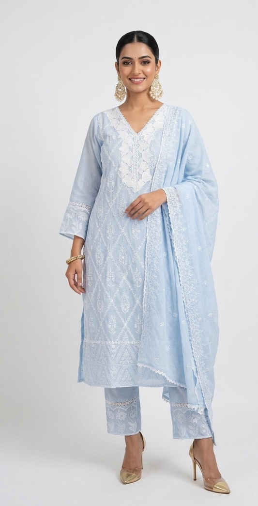 DH112B- Schiffli Work Straight-Cut Suit Light Blue