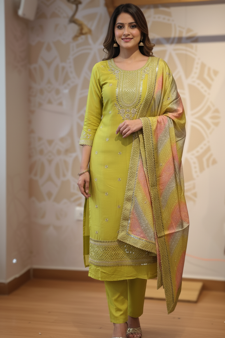 DH248-Unstitched Embroidered Suit With Colorful Bandhej Dupatta