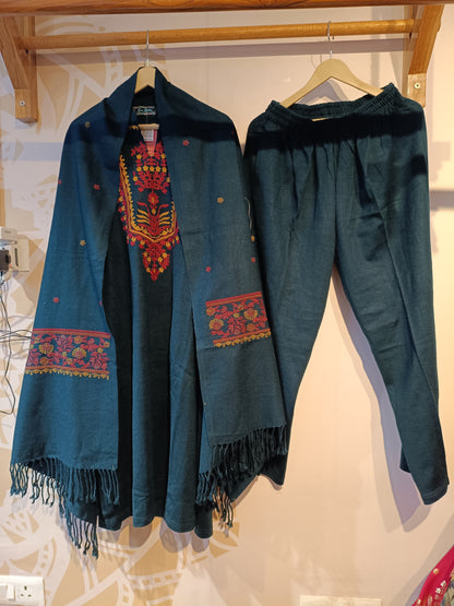 DH296-Teal Woolen Three-Piece Suit with Embroidered Details and Shawl