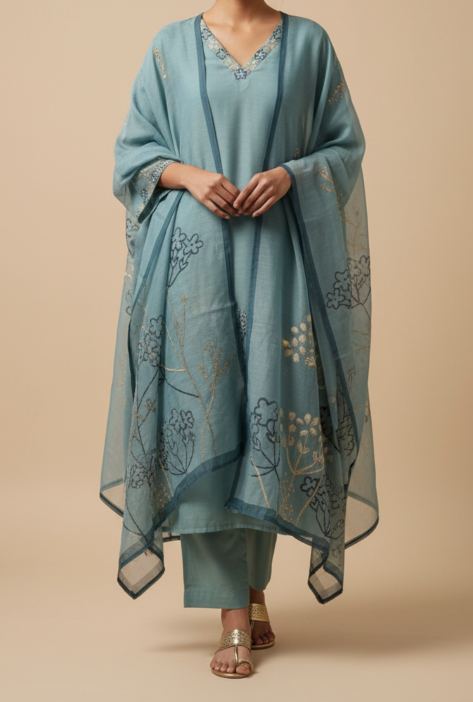 DH216-Pastel Teal With Delicate Floral embroidery