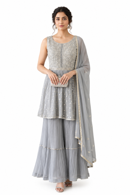 DH135G-Grey Embellished Gharara Suit