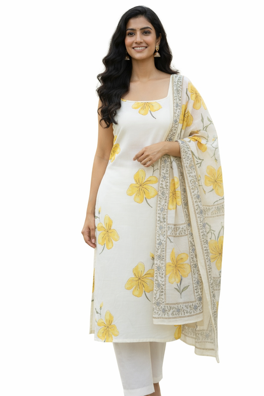 DH122W-White Dress with Yellow Floral Print & Dupatta