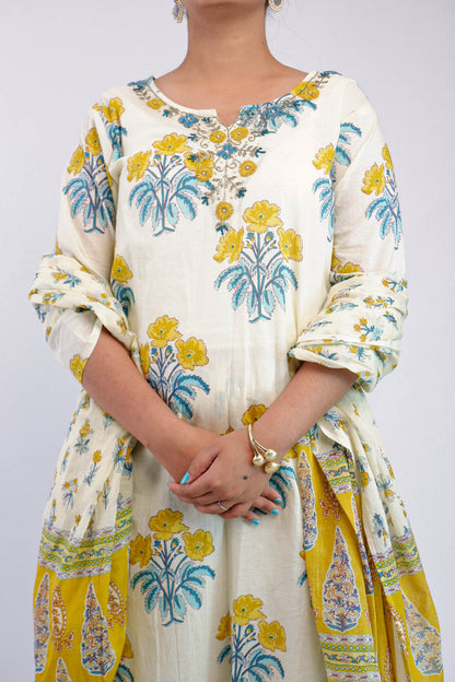 DH162WY-Elegant Floral Printed Cream Suit Set