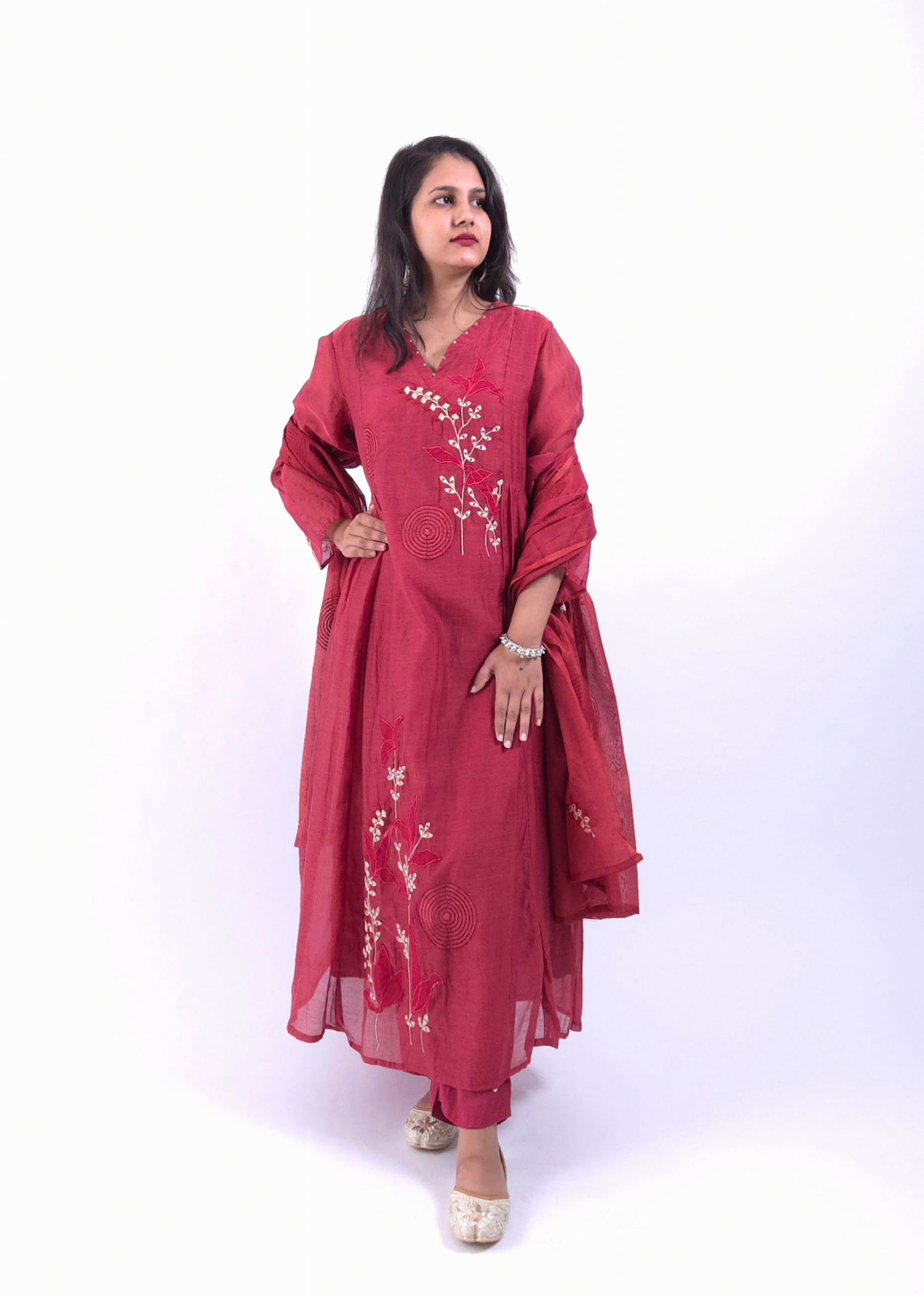 DH183-Maroon-Rust Red Floral Embroidered Kurta Set - Dharini's Store