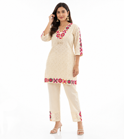 DH155W-Elegant Cream Cotton Embroidered Coord Set