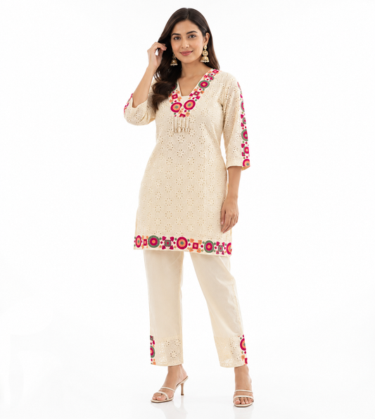DH155W-Elegant Cream Cotton Embroidered Coord Set