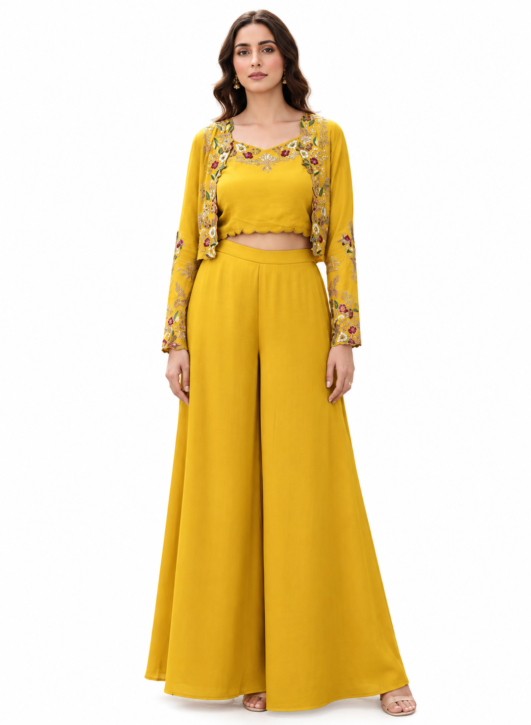 DH118Y-Yellow Palazzo Suit with Embroidered Jacket