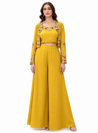 DH118Y-Yellow Palazzo Suit with Embroidered Jacket