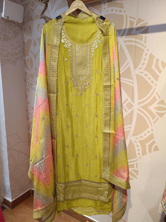 DH248-Unstitched Embroidered Suit With Colorful Bandhej Dupatta