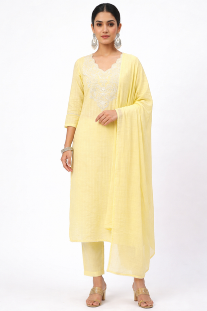 DH314-Graceful Pastel Yellow Embroidered Kurta Set with Dupatta