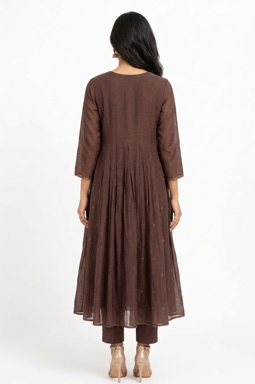 DH321-Women's Brown Mul Chanderi A-Line Suit Set with Dupatta