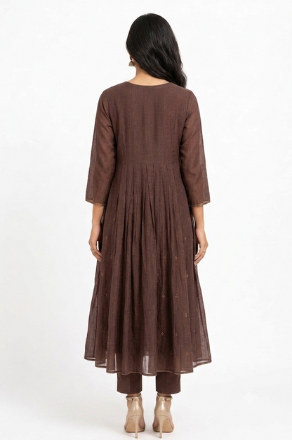 DH321-Women's Brown Mul Chanderi A-Line Suit Set with Dupatta