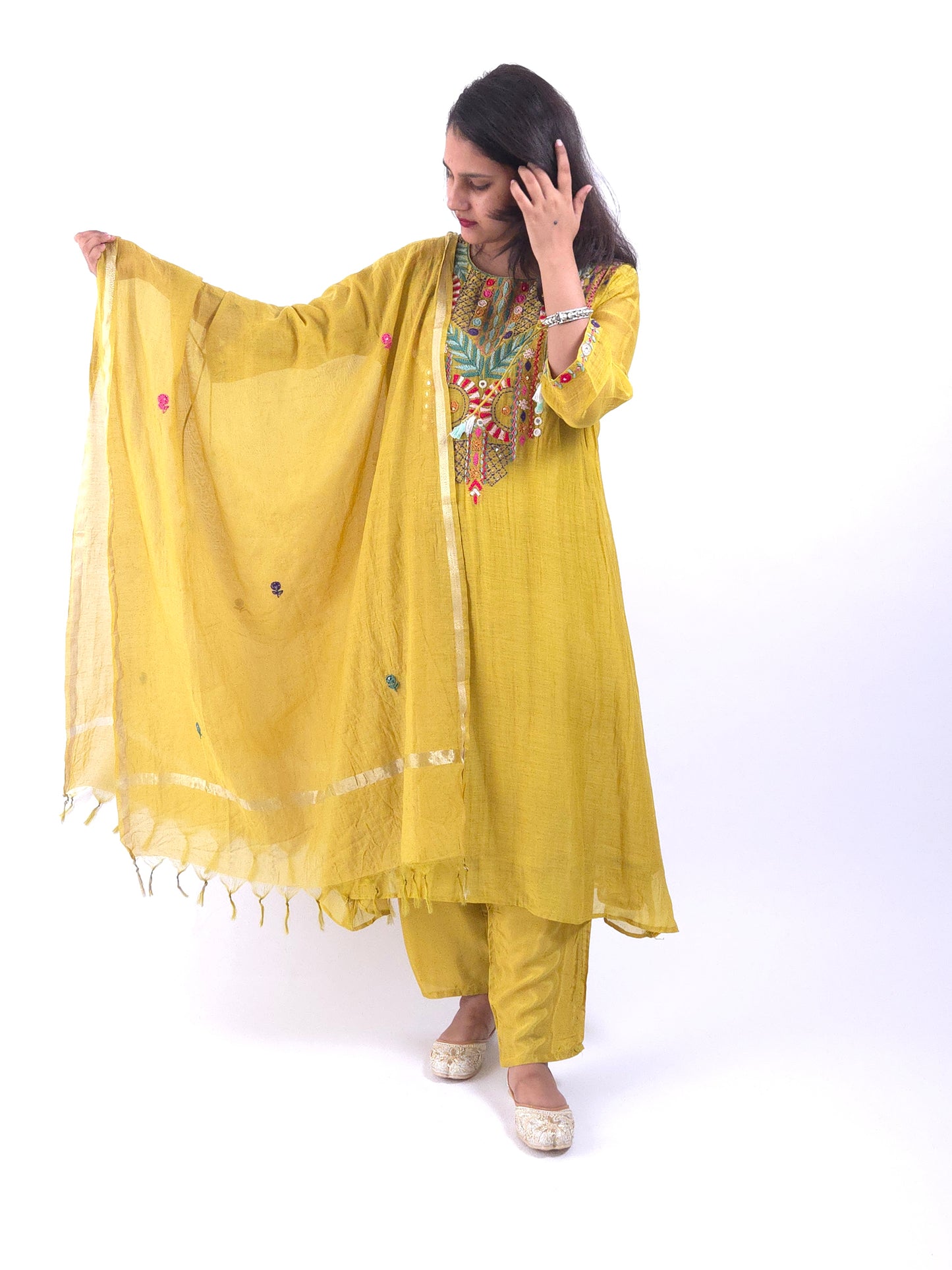 DH181-G-Elegant Mul Chanderi Suit with Hand Embroidered Neckline - Dharini's Store