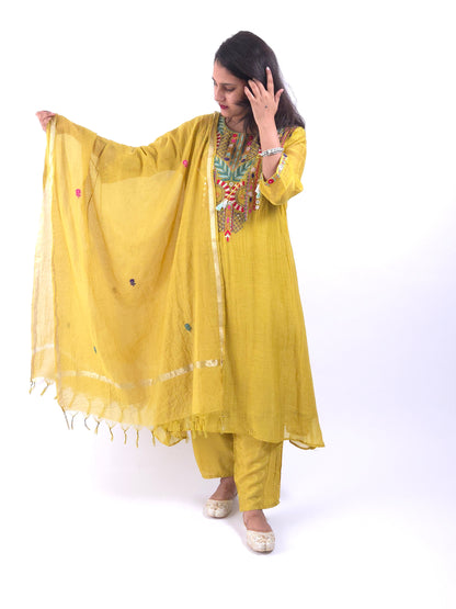 DH181-G-Elegant Mul Chanderi Suit with Hand Embroidered Neckline - Dharini's Store