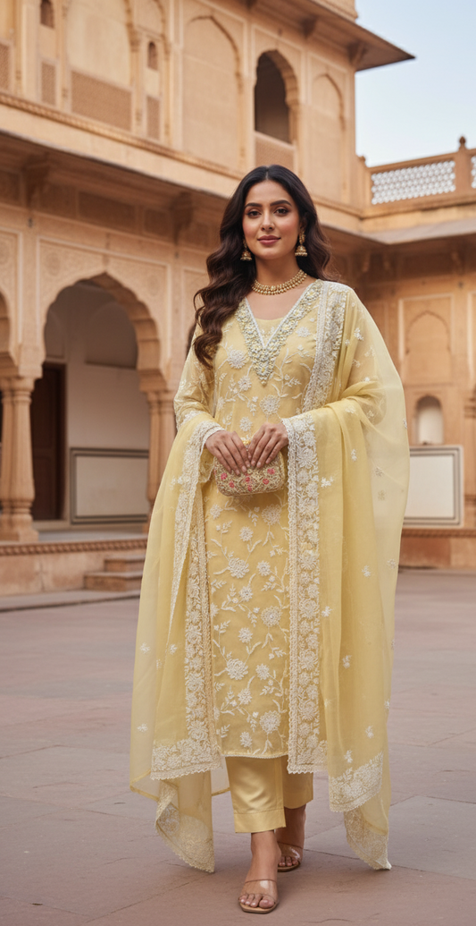 DHO61Y- Shop Our Embroidered Thread Work Suit in Soft Yellow