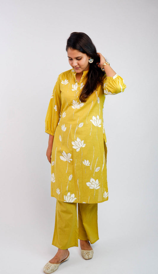 DH167WY-Mustard Yellow Floral Kurta and Pants Set