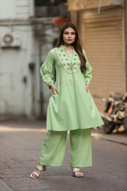 DH211-Two Piece Pastle Green Cotton Suit