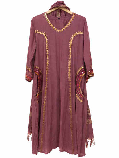 DH326-Wine Mul Chanderi Embroidered A-Line Suit Set with Dupatta