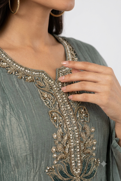 DH325-Sage Green Tissue Shimmer Embroidered Suit Set with Dupatta