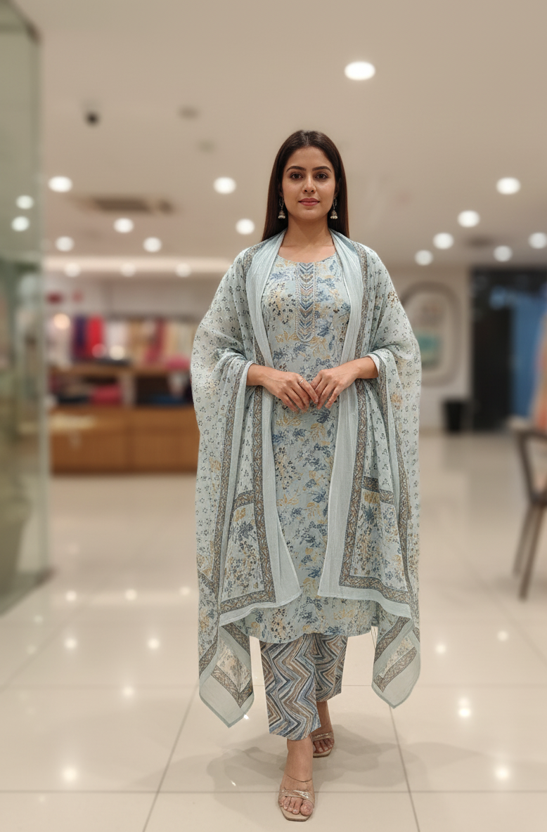 DH109B-Powder Blue Printed Cotton Suit Set