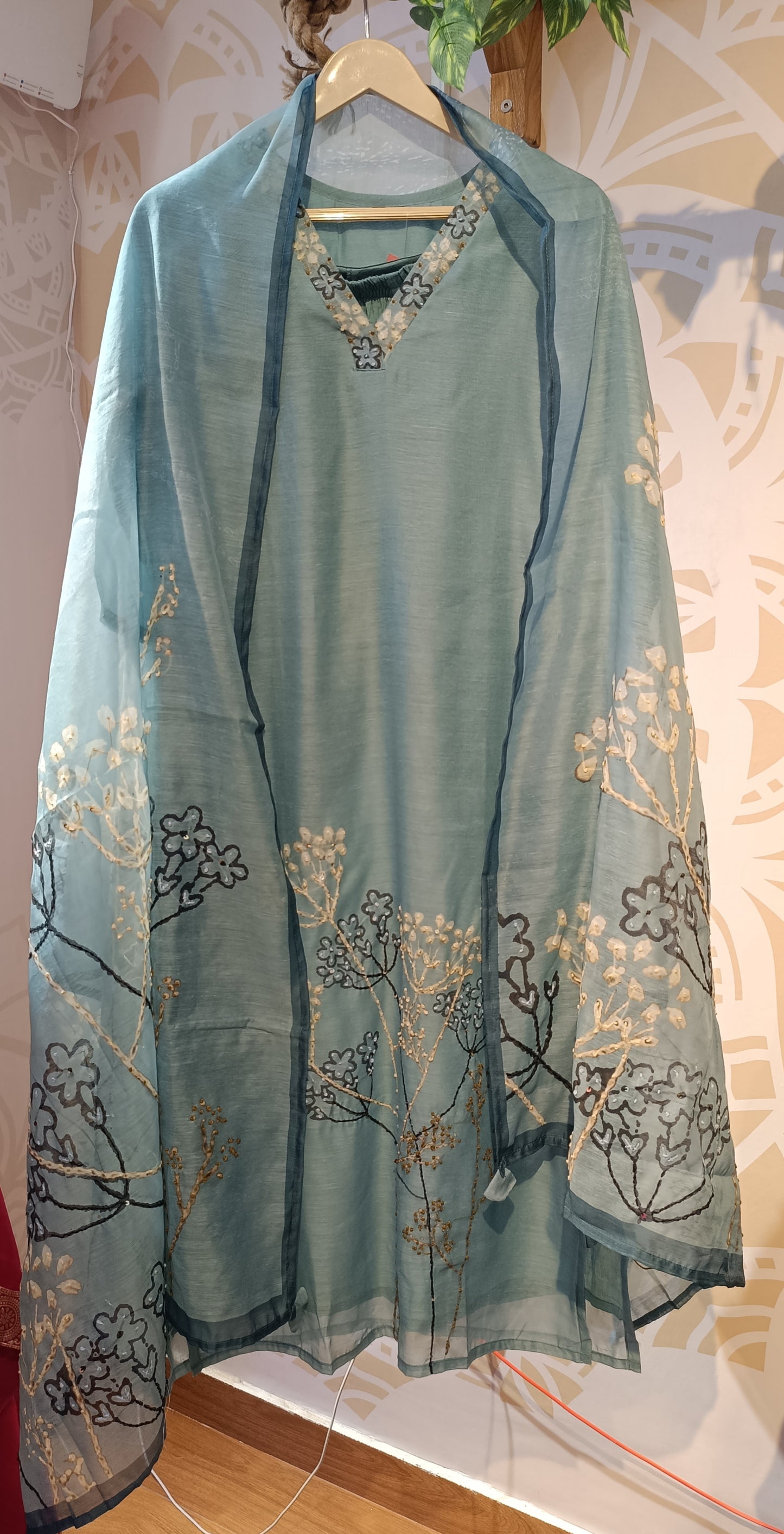 DH216-Pastel Teal With Delicate Floral embroidery
