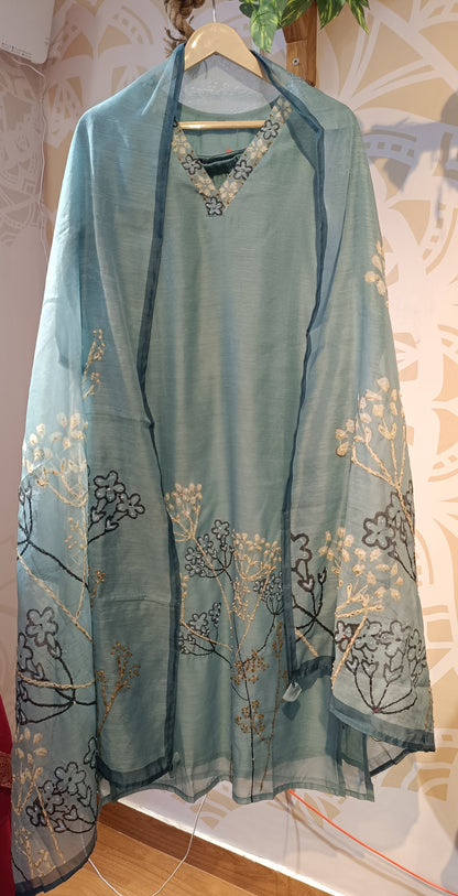 DH216-Pastel Teal With Delicate Floral embroidery