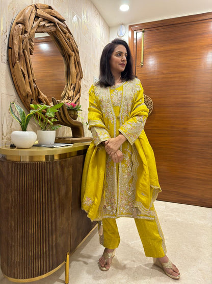 DHS046Y-Mustard Yellow Embroidered Suit Set