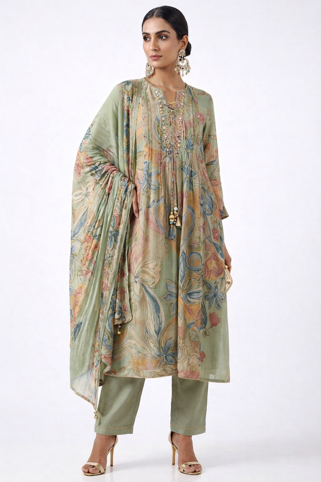 DH304-Elegant Pastel Green Floral Suit Set with Dupatta