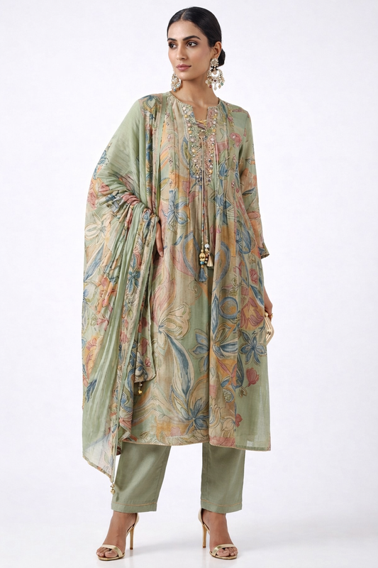 DH304-Elegant Pastel Green Floral Suit Set with Dupatta