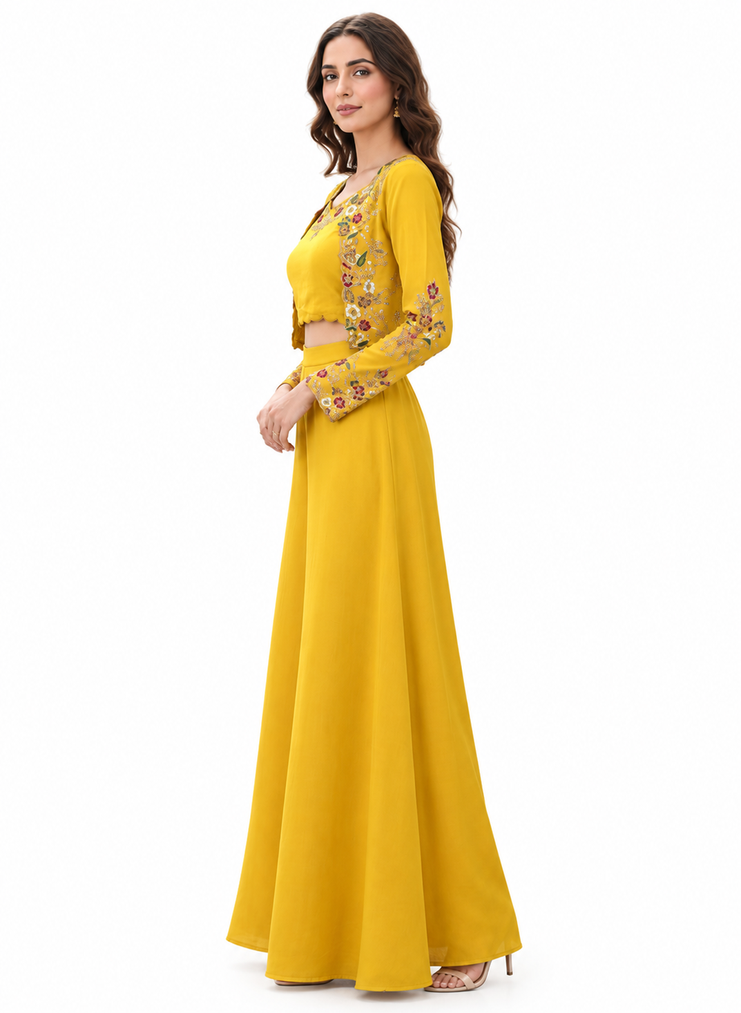 DH118Y-Yellow Palazzo Suit with Embroidered Jacket