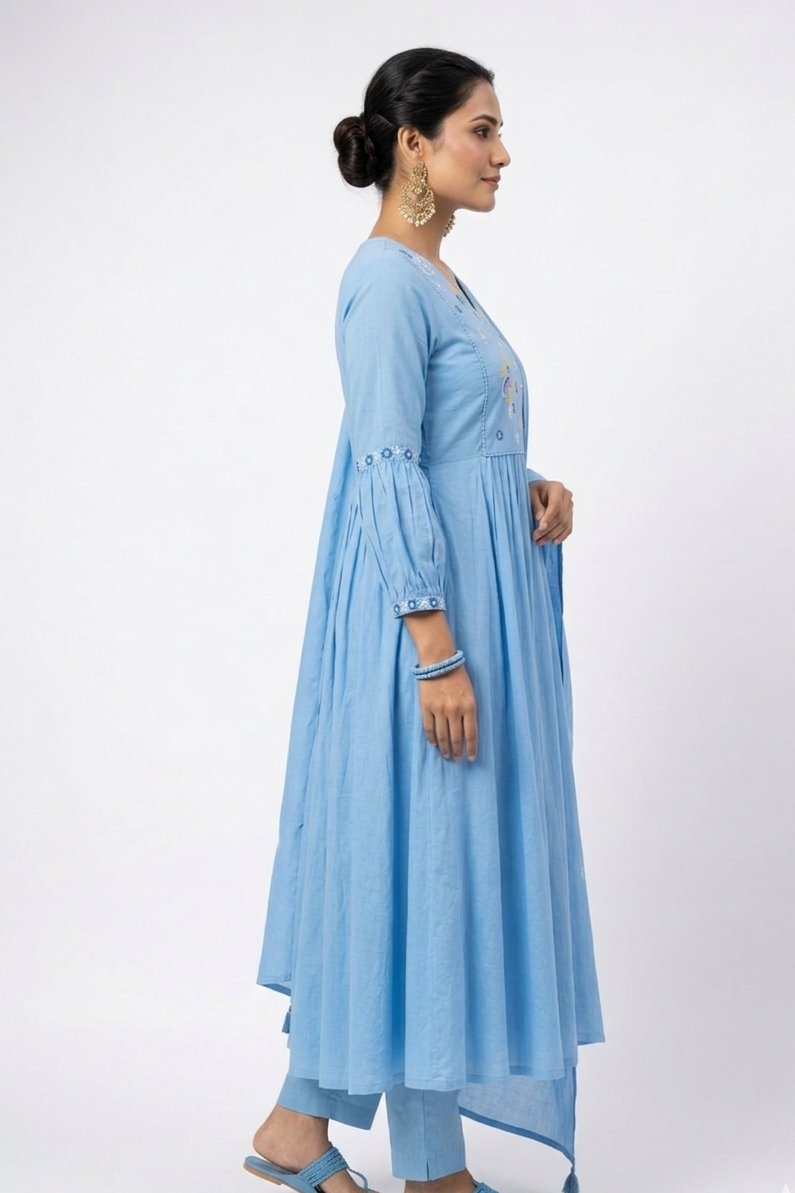 DH308-Elegant Sky Blue Anarkali Kurta Set with Dupatta