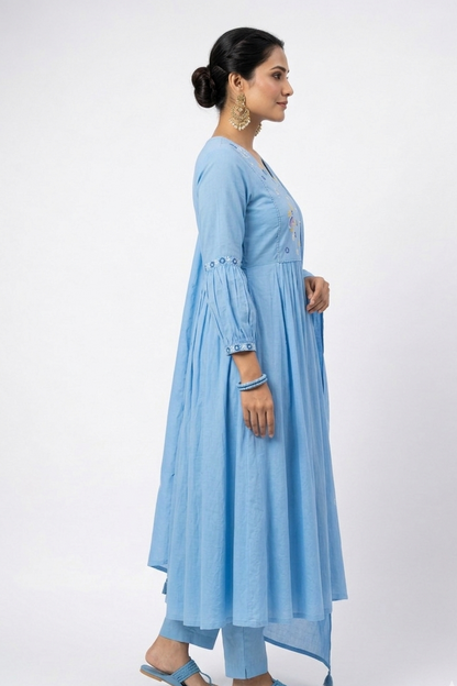 DH308-Elegant Sky Blue Anarkali Kurta Set with Dupatta