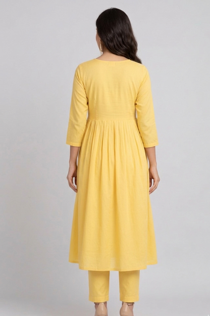 DH312-Bright Yellow Floral A-Line Kurta Set with Dupatta